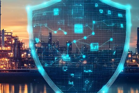 Digital shield overlay protecting an industrial plant at sunset.