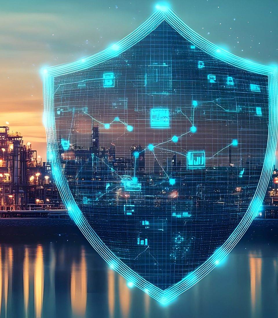 Digital shield overlay protecting an industrial plant at sunset.