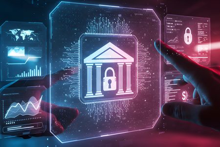 Digital interface with glowing banking security icons being accessed by hands.