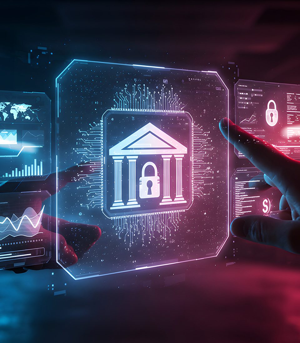 Digital interface with glowing banking security icons being accessed by hands.