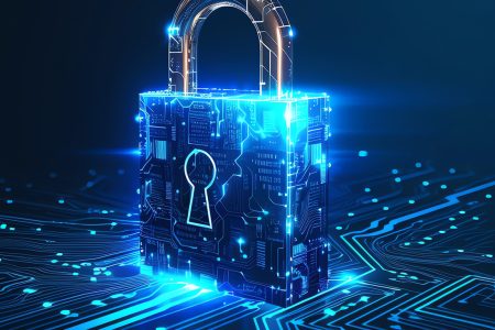Futuristic padlock glowing above a circuit board, symbolising cybersecurity.