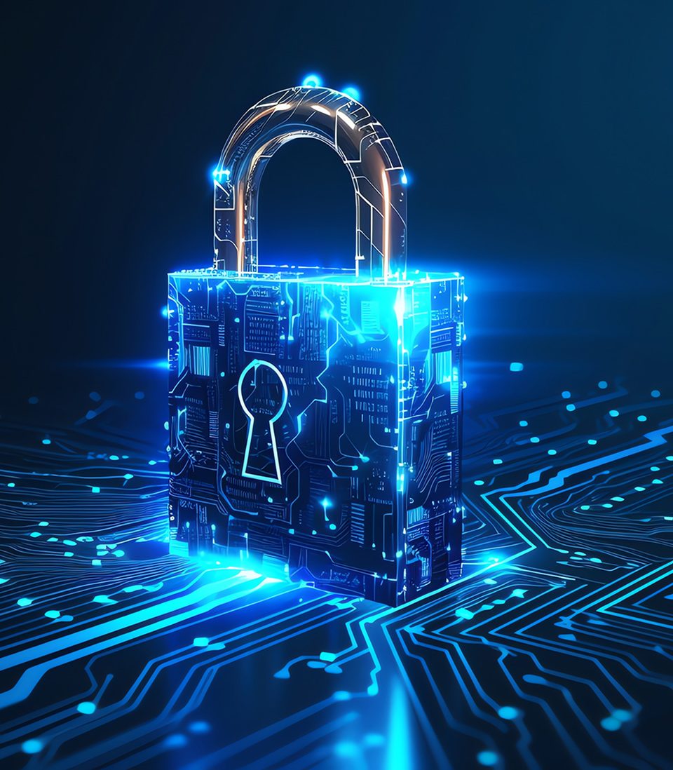 Futuristic padlock glowing above a circuit board, symbolising cybersecurity.