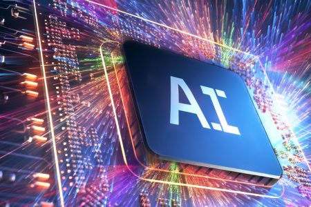 AI microchip with colorful data streams.