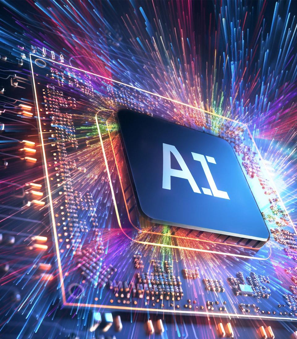 AI microchip with colorful data streams.