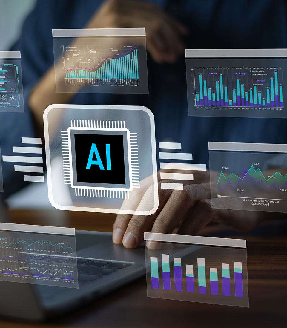 Artificial intelligence data analytics with charts and graphs displayed on a laptop screen.