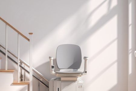 Stairlift installed along a wooden staircase in a bright home interior.