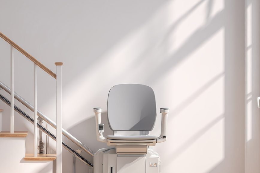 Stairlift installed along a wooden staircase in a bright home interior.