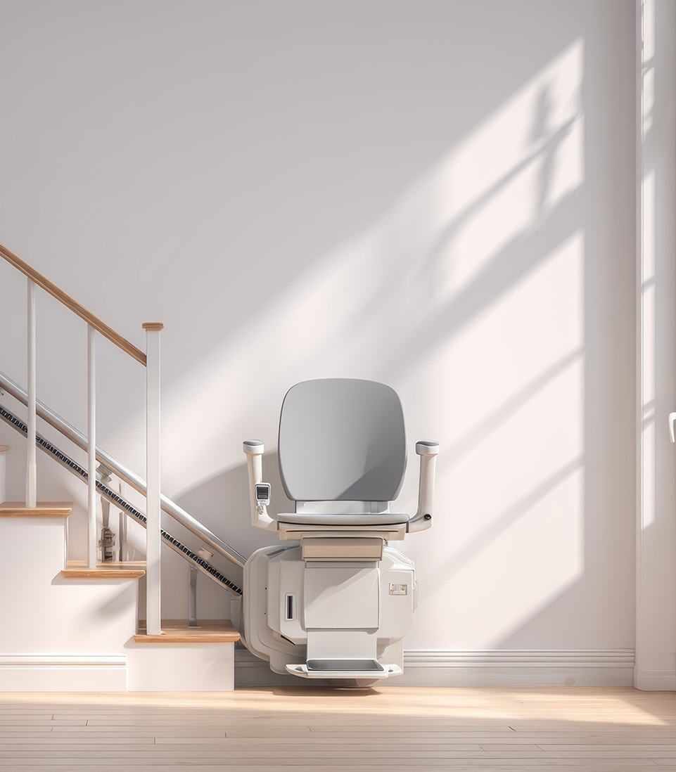 Stairlift installed along a wooden staircase in a bright home interior.