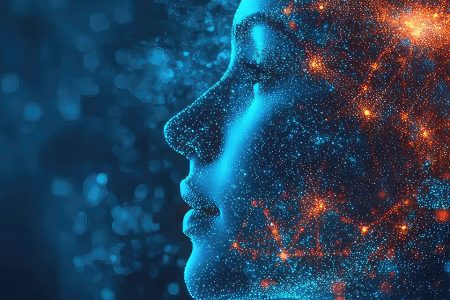 Digital illustration of a human face made of glowing blue and orange particles, symbolising artificial intelligence, data, and human cognition.