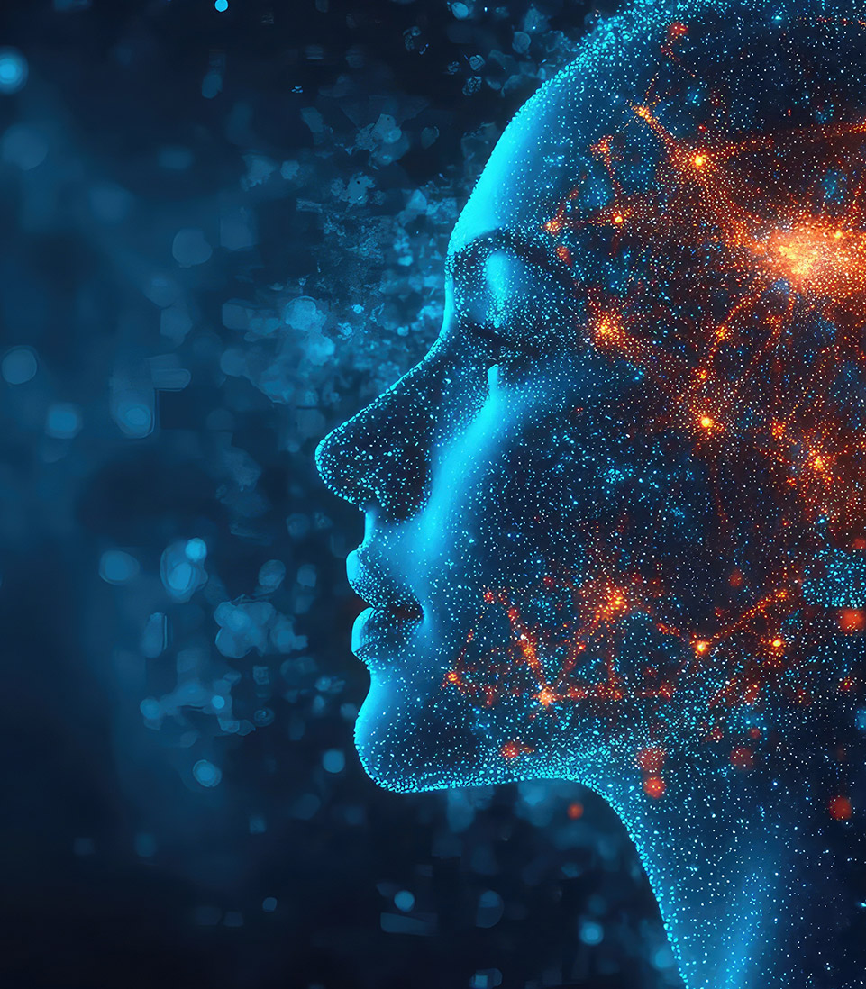 Digital illustration of a human face made of glowing blue and orange particles, symbolising artificial intelligence, data, and human cognition.