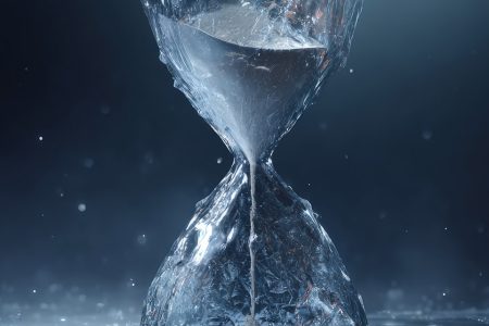 frozen hourglass made of ice slowly melting, symbolising time, change, and the passing of seasons.