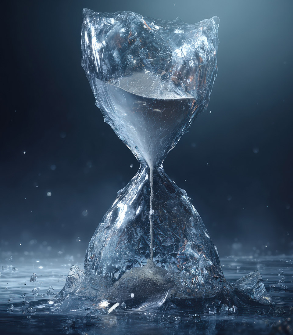 frozen hourglass made of ice slowly melting, symbolising time, change, and the passing of seasons.
