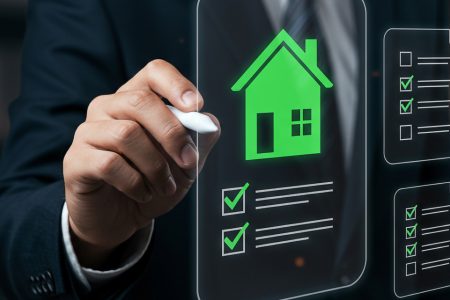 A businessman in a suit uses a digital touchscreen interface displaying a green house icon and checklist, symbolizing smart real estate management, property technology, or digital home solutions.