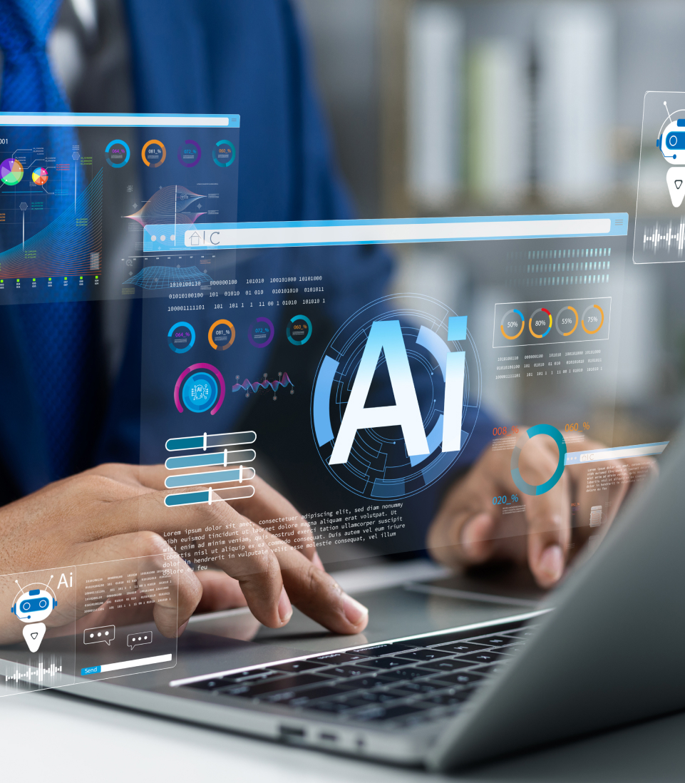 Business professional working on a laptop with futuristic AI data interfaces and analytics dashboards overlaying the screen, symbolizing artificial intelligence technology, machine learning, and data-driven innovation in business.