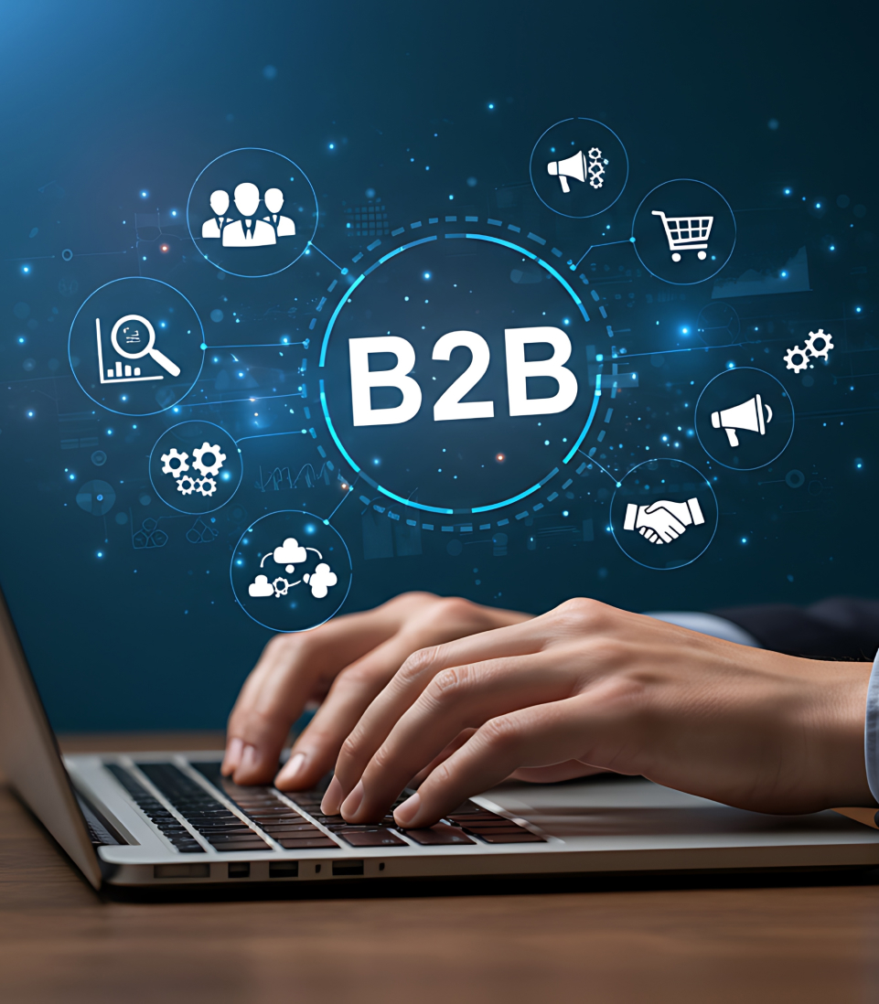 Hands typing on a laptop with B2B and digital connection icons overlaid