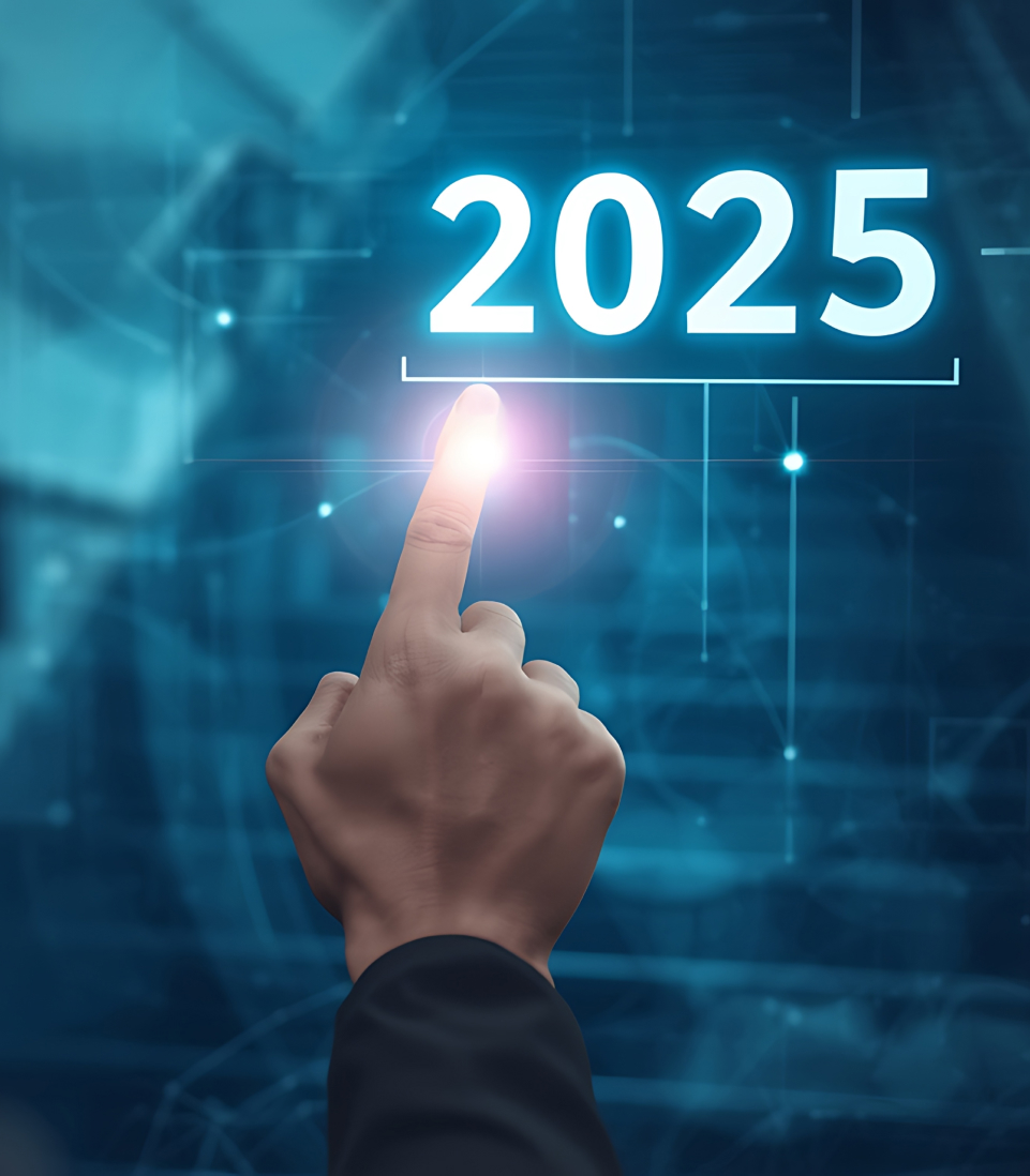 Business professional selecting “2025” on a digital interface