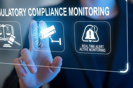Business professional touching a virtual regulatory compliance dashboard