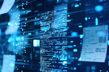 Abstract data flow with documents and code moving through a digital system