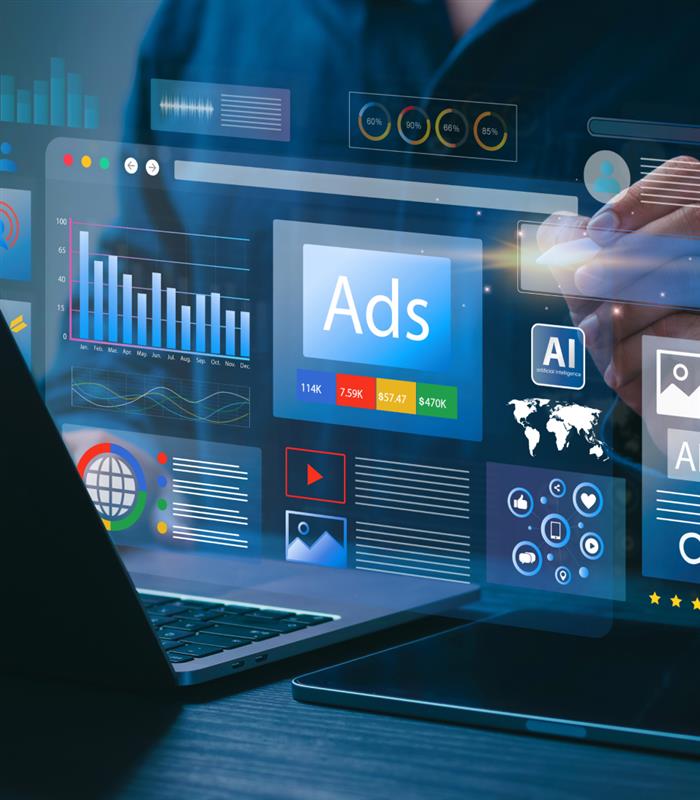 Digital advertising dashboard showing AI-driven ad performance metrics