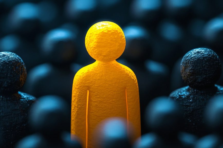 Highlighted individual standing out from a crowd.