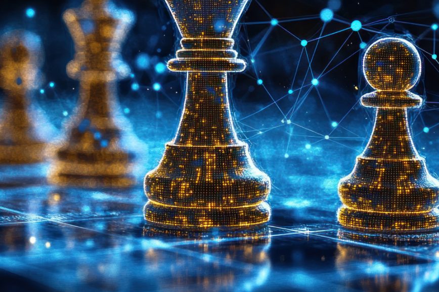 Glowing chess pieces representing digital strategy.