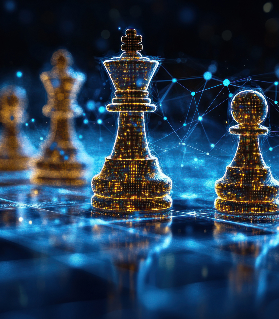 Glowing chess pieces representing digital strategy.
