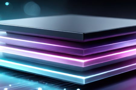 Layered digital platform stack with neon lighting.