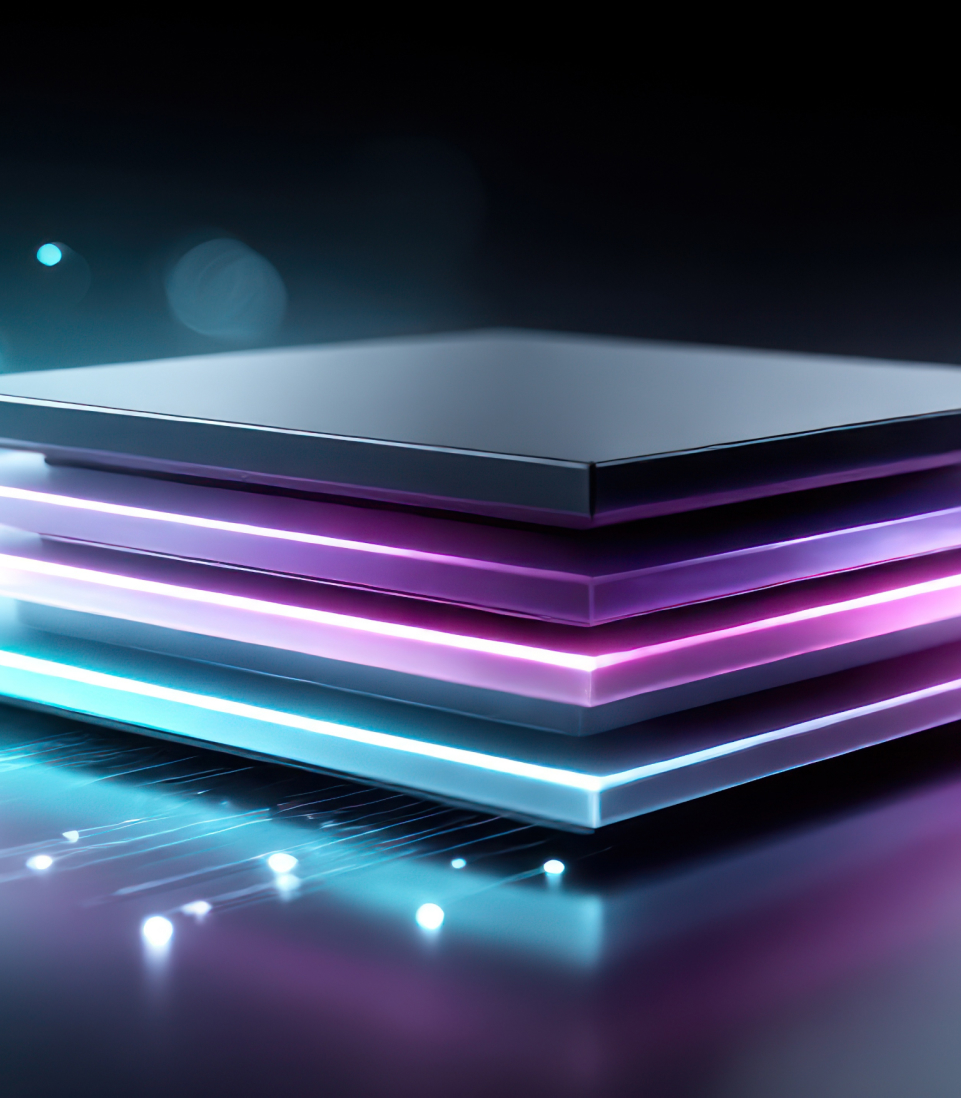Layered digital platform stack with neon lighting.