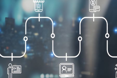 Customer journey flow illustrated with connected icons.