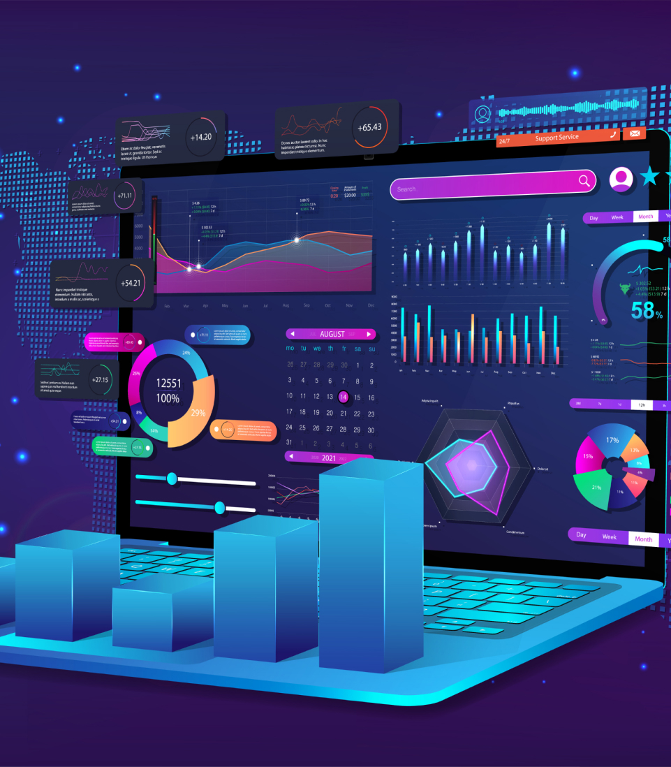 Laptop displaying analytics dashboards and growth charts.