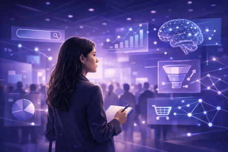 Young professional at a digital marketing conference, taking notes as AI and search data visuals appear around her in a modern purple and blue setting.