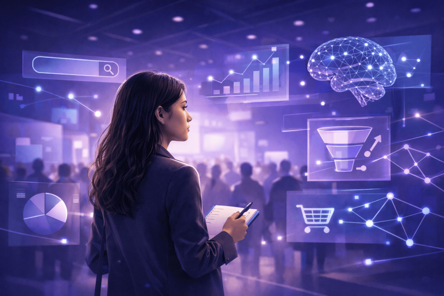 Young professional at a digital marketing conference, taking notes as AI and search data visuals appear around her in a modern purple and blue setting.