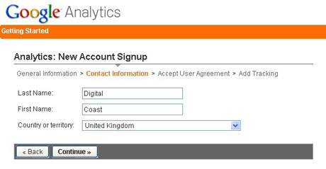 Google Analytics new account signup - contact information