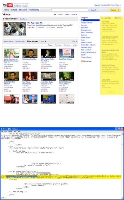 Screen shot of source code from a Youtube page & the 'ads by Google' source code