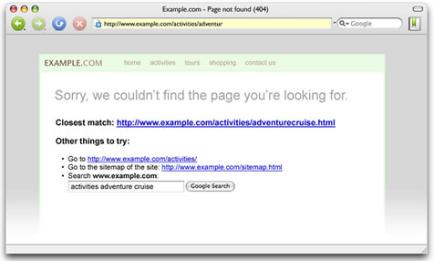 Screenshot of 404 error page from Google webmaster tools